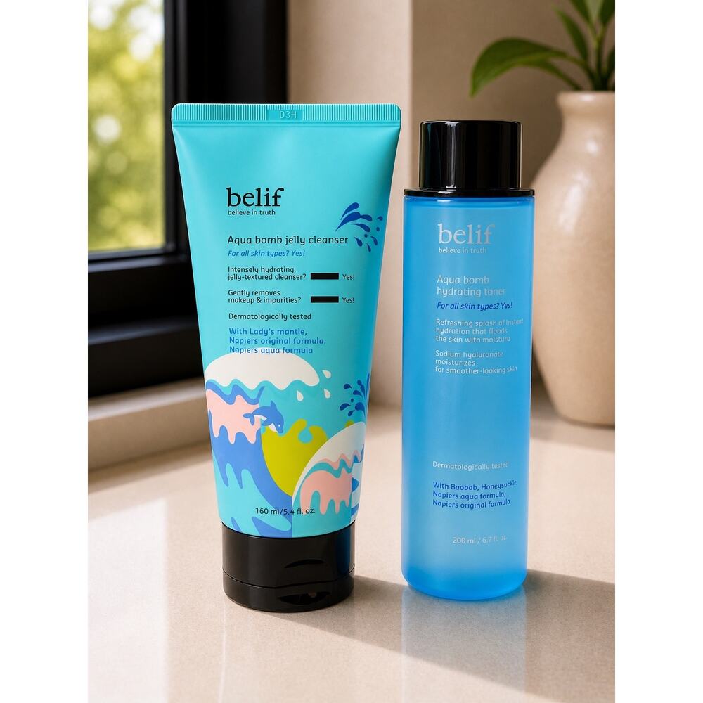 $60 New Belif Aqua Bomb Cleanser + Hydrating Toner Bundle | Full Size